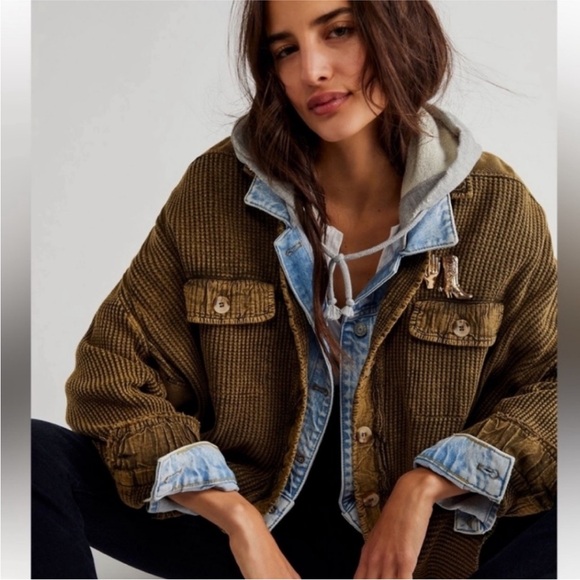 Free People Tops - FP One Free People Scout Jacket Shacket Oversized Waffle Knit Green Thermal M